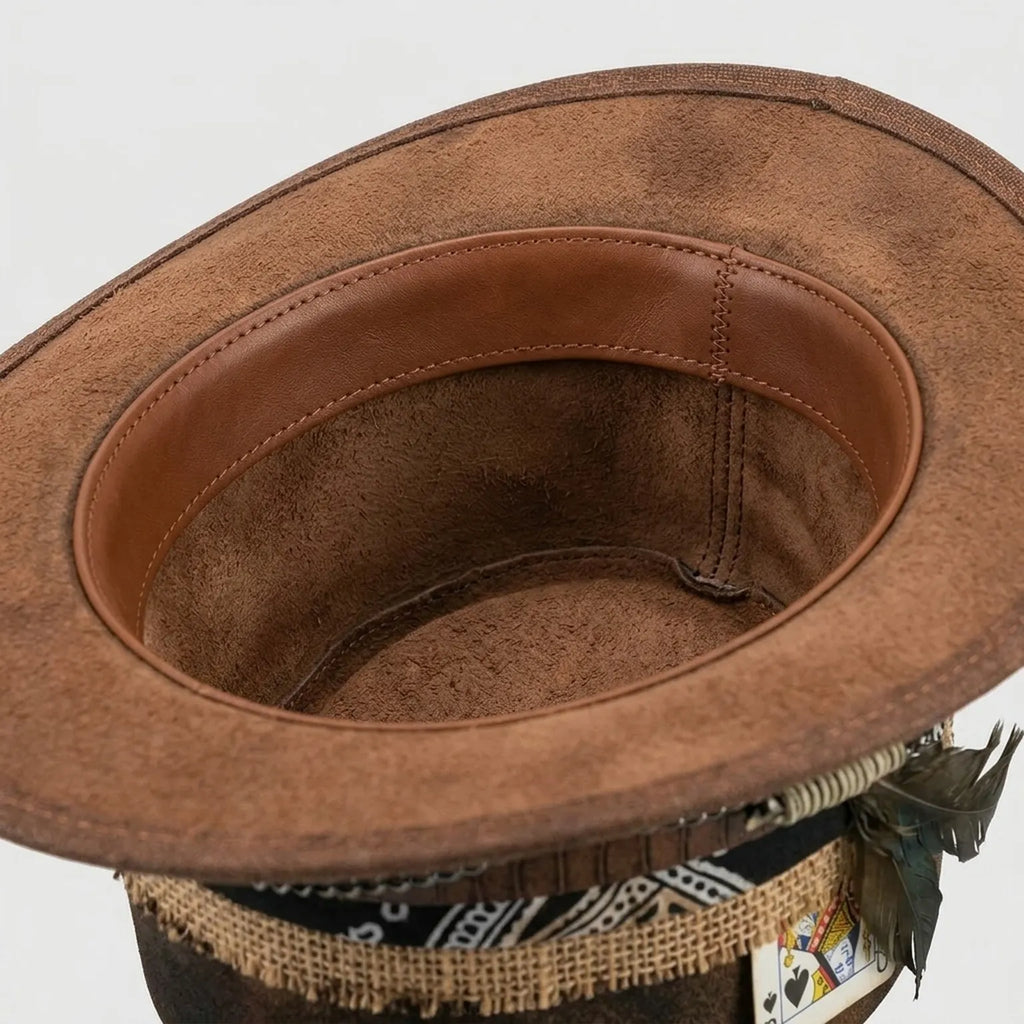 Vintage Brown Pork Pie Hat with Playing Cards and Feather Band