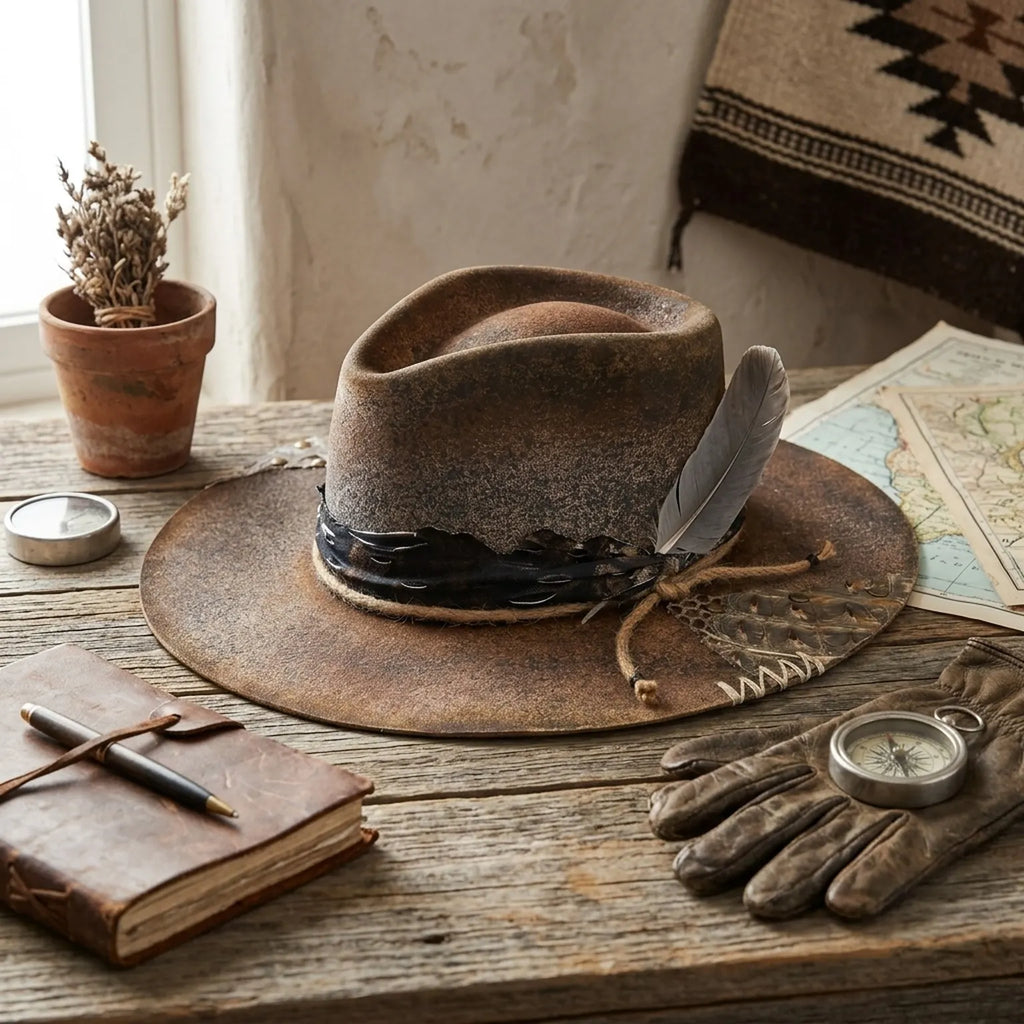 Brown Distressed Felt Western Hat with Snake Print Band