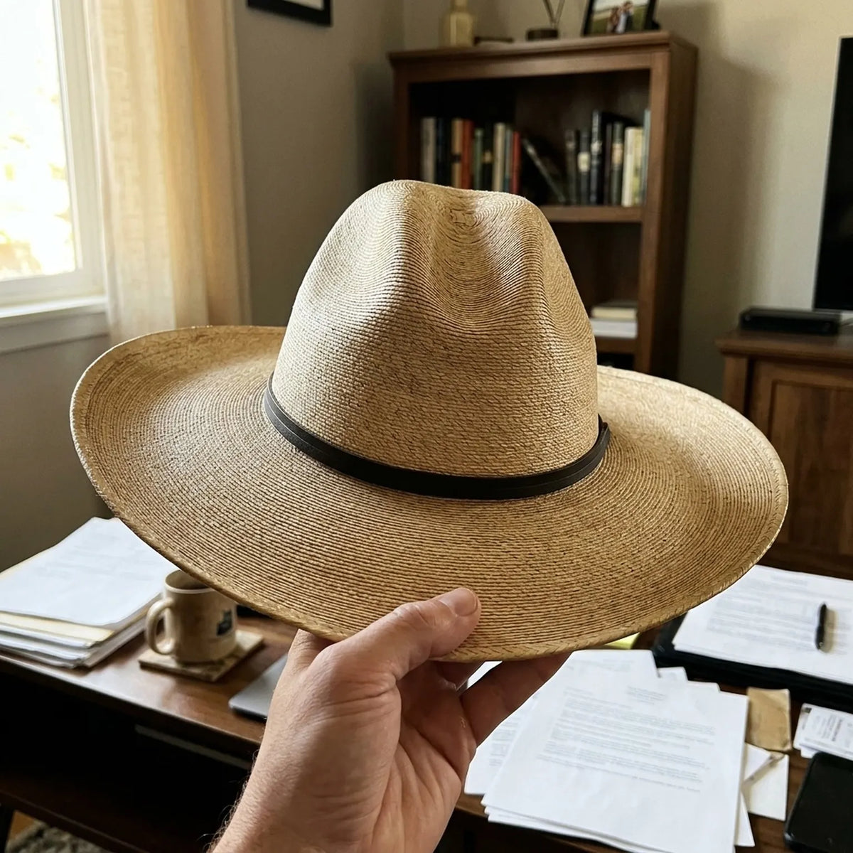 Natural Tan Straw Panama Hat with Brown Grosgrain Ribbon