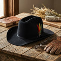 Black Felt Western Cowboy Hat with Feather Accent, Wide Flat Brim