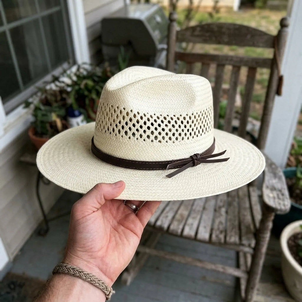 Off-White Vented Straw Western Hat with Leather Cord Band