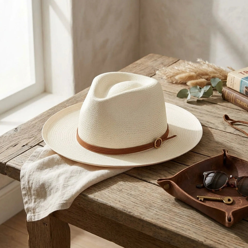 White Panama Straw Hat with Leather Band for Summer Travel Style