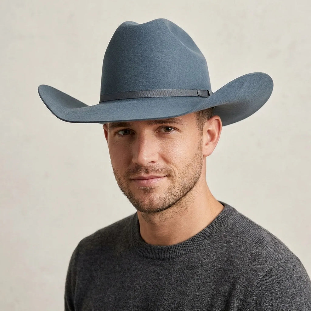 Unisex Blue Gray Wool Felt Cowboy Hat with Ribbon Trim