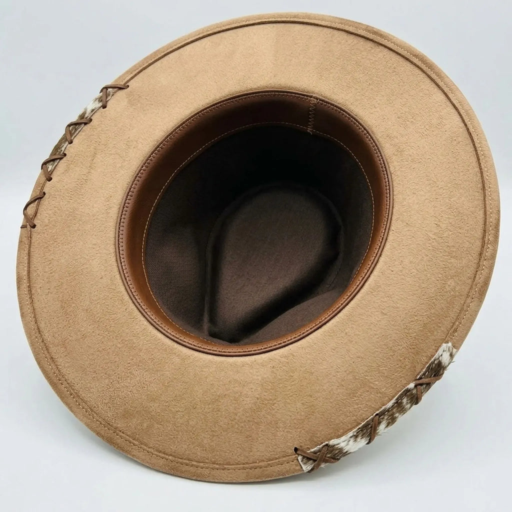 Tan Western Hat Peacock Feather Cowhide Patch Barbed Wire Band