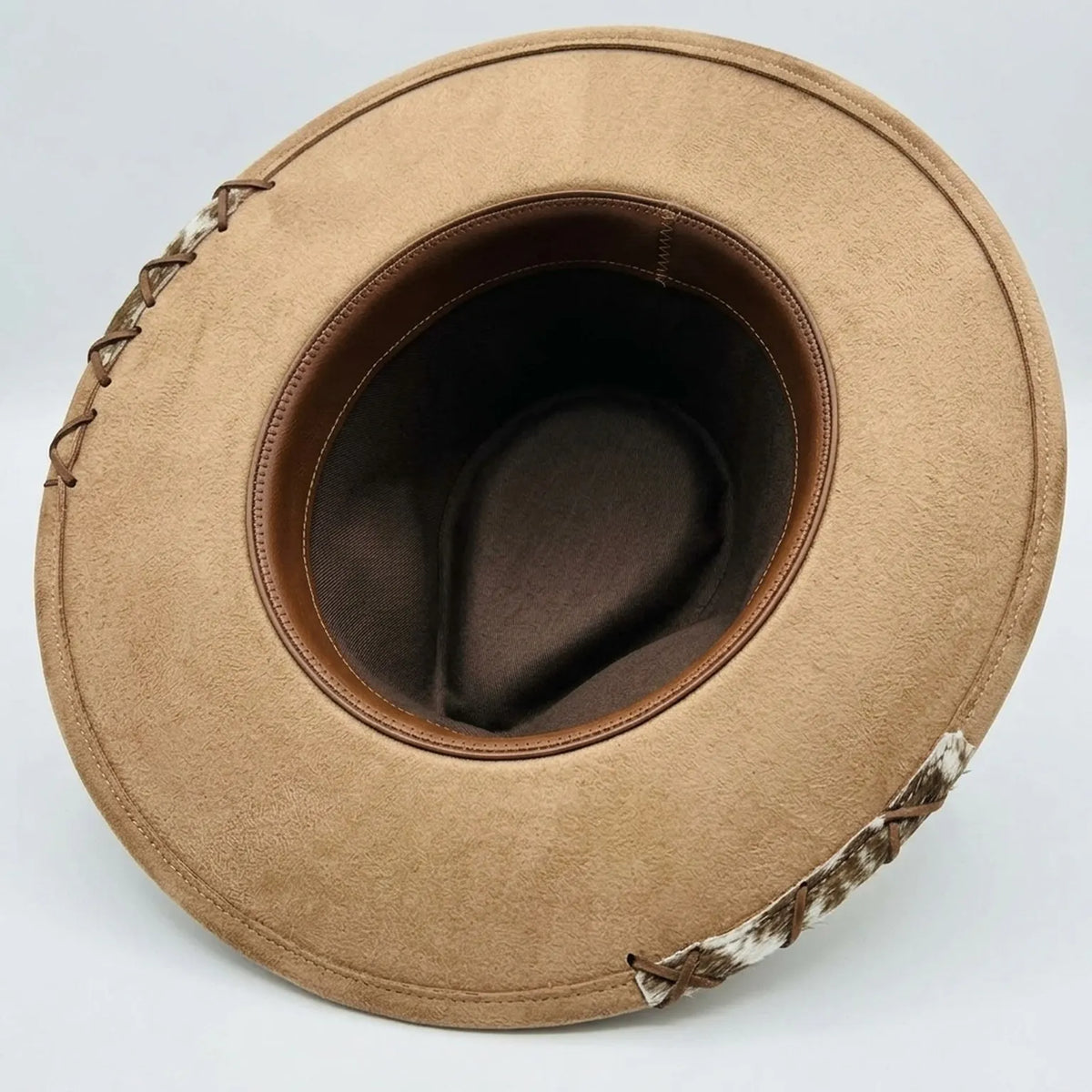 Tan Western Hat Peacock Feather Cowhide Patch Barbed Wire Band