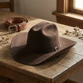 Dark Brown Felt Cowboy Hat with Pinched Crown and Curled Brim