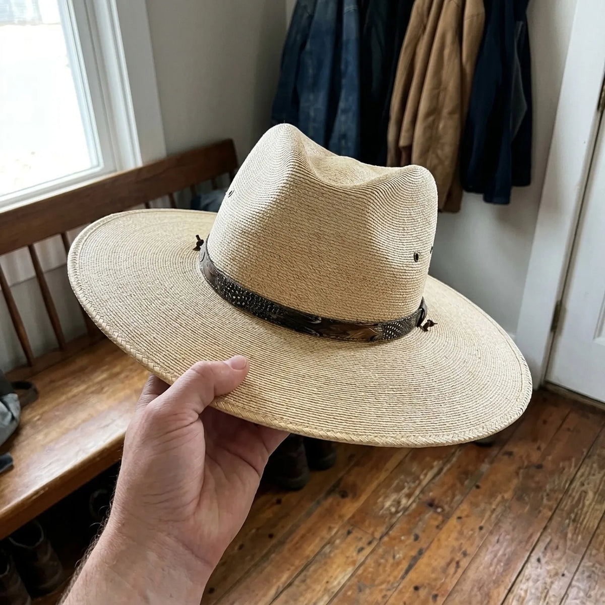 Natural Tan Straw Sun Hat with Simple Leather Band