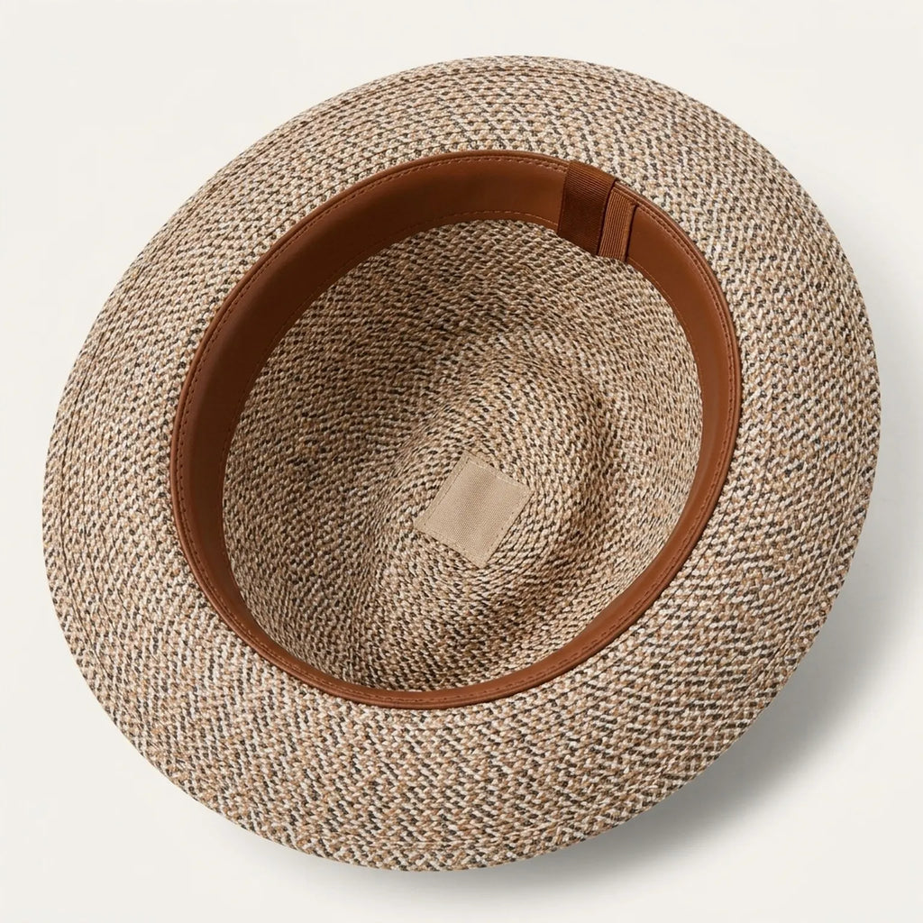 Woven Two-Tone Patterned Straw Fedora with Brown Band