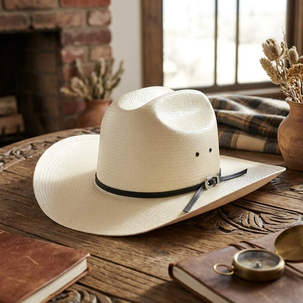 Ivory Straw Cowboy Hat with Black Ribbon Band and Side Bow