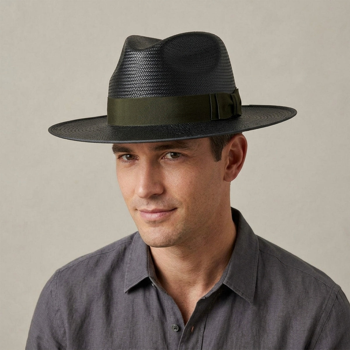 Black Woven Straw Fedora Hat with Ribbon Band for Summer
