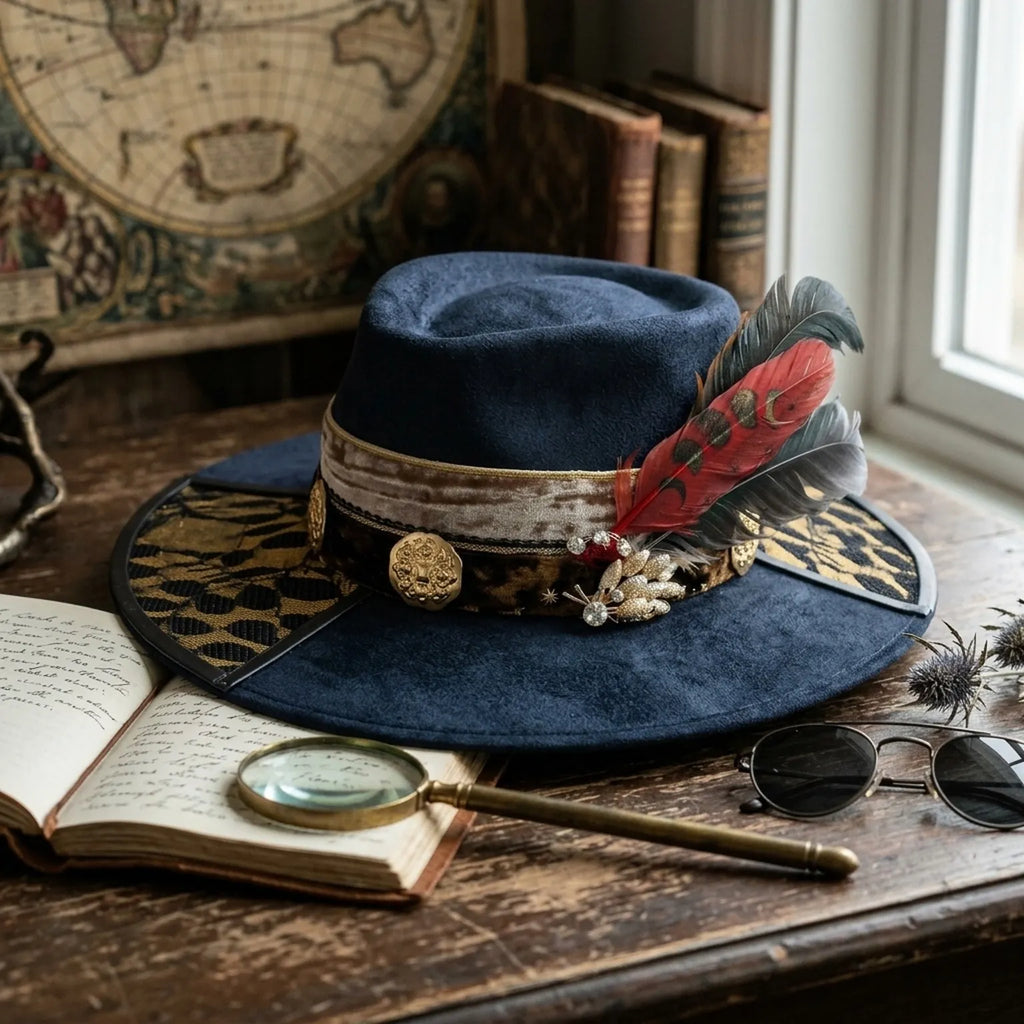 Navy Felt Western Hat with Leopard Brim and Feather Brooch