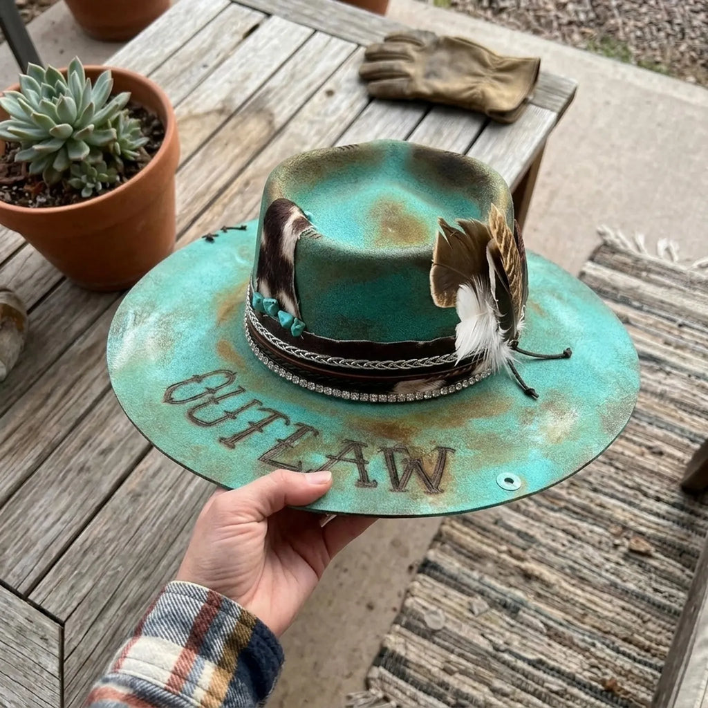 Turquoise Felt Fedora Hat with Feather and Crystal Band