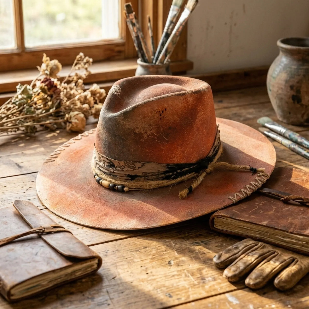 Vintage Rust Western Hat with Bandana Band and Beading