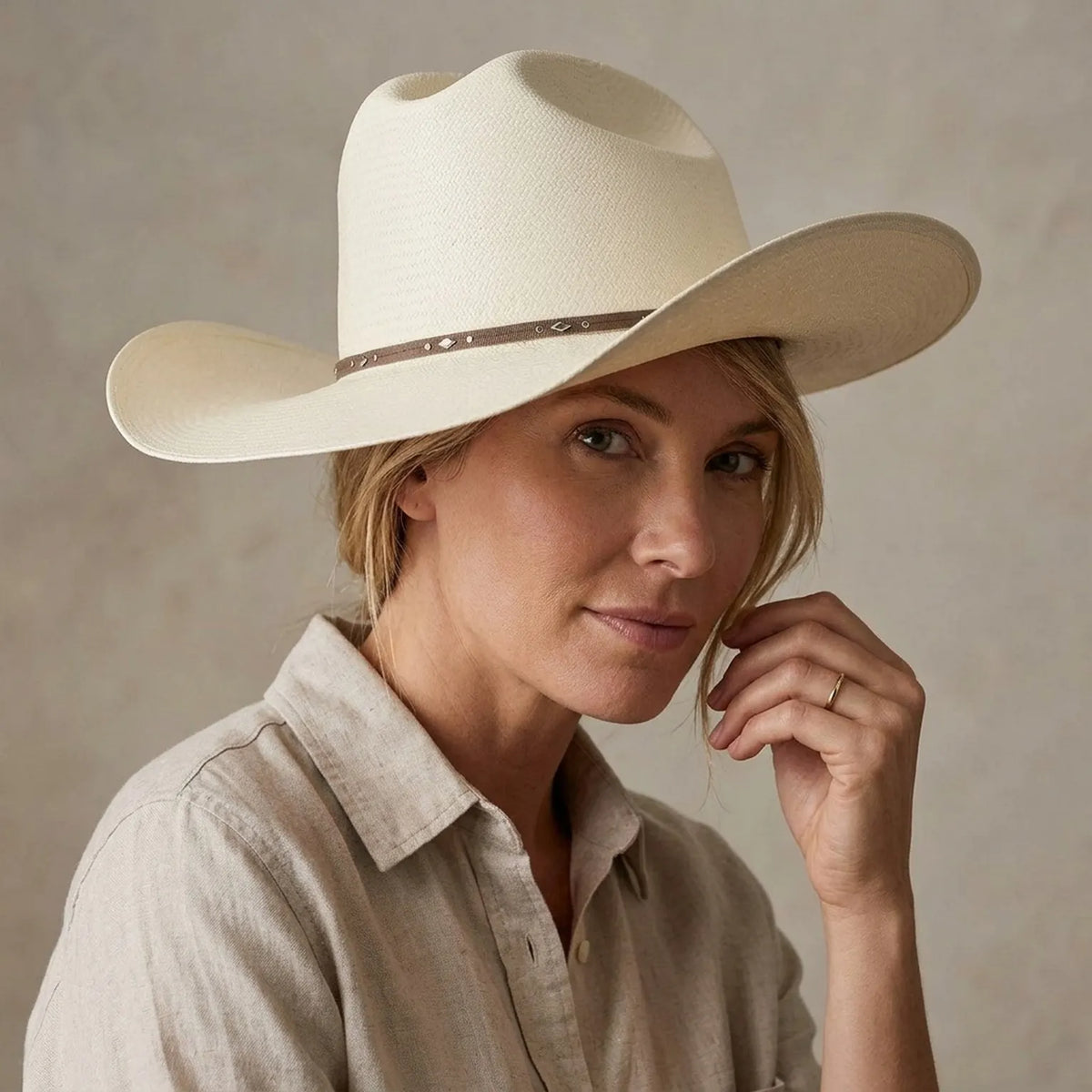 Cream Straw Cowboy Hat with Metallic Studded Slim Leather Band