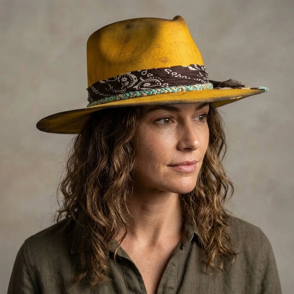 Yellow Western Hat with Cow Print Patch and Paisley Bandana Band