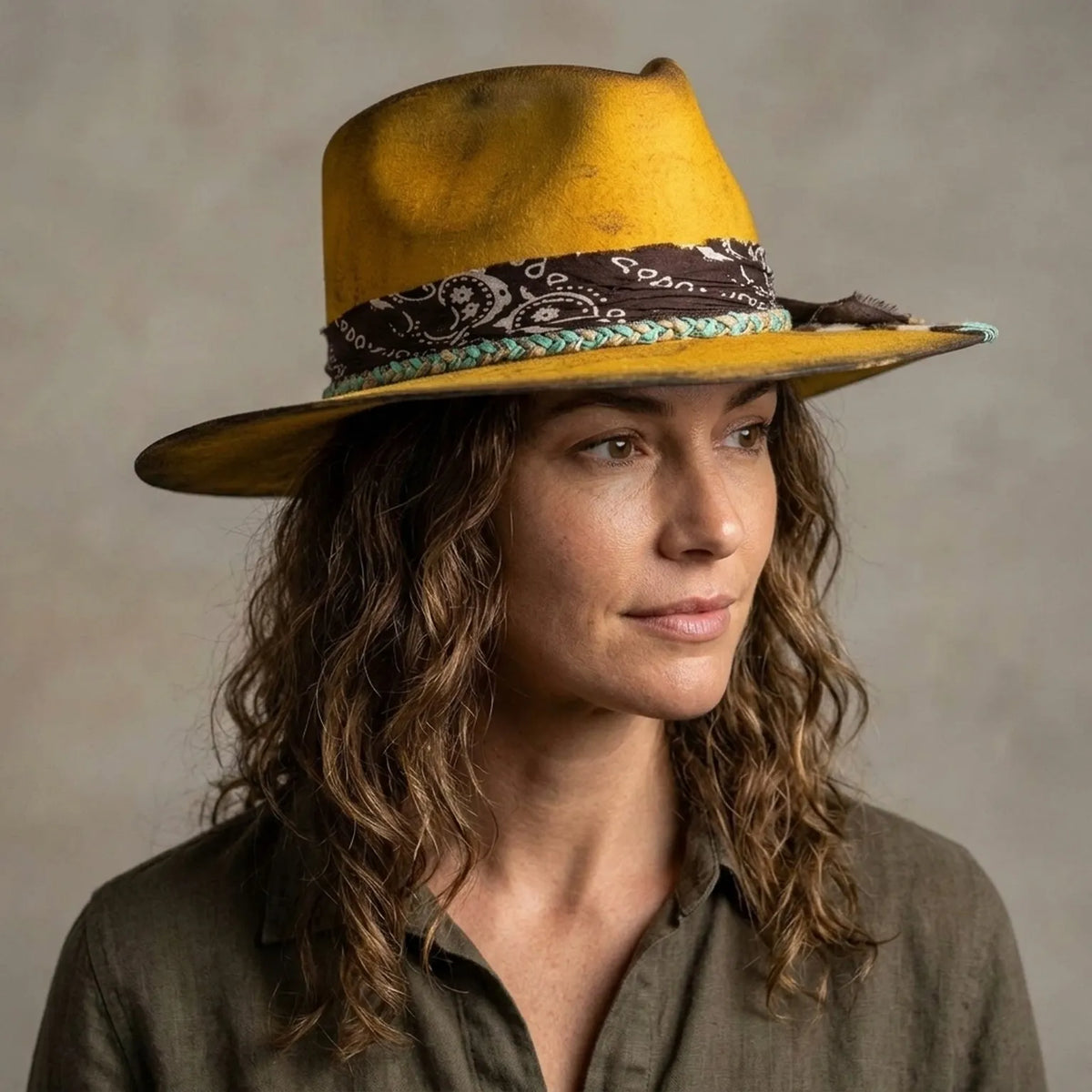 Yellow Western Hat with Cow Print Patch and Paisley Bandana Band