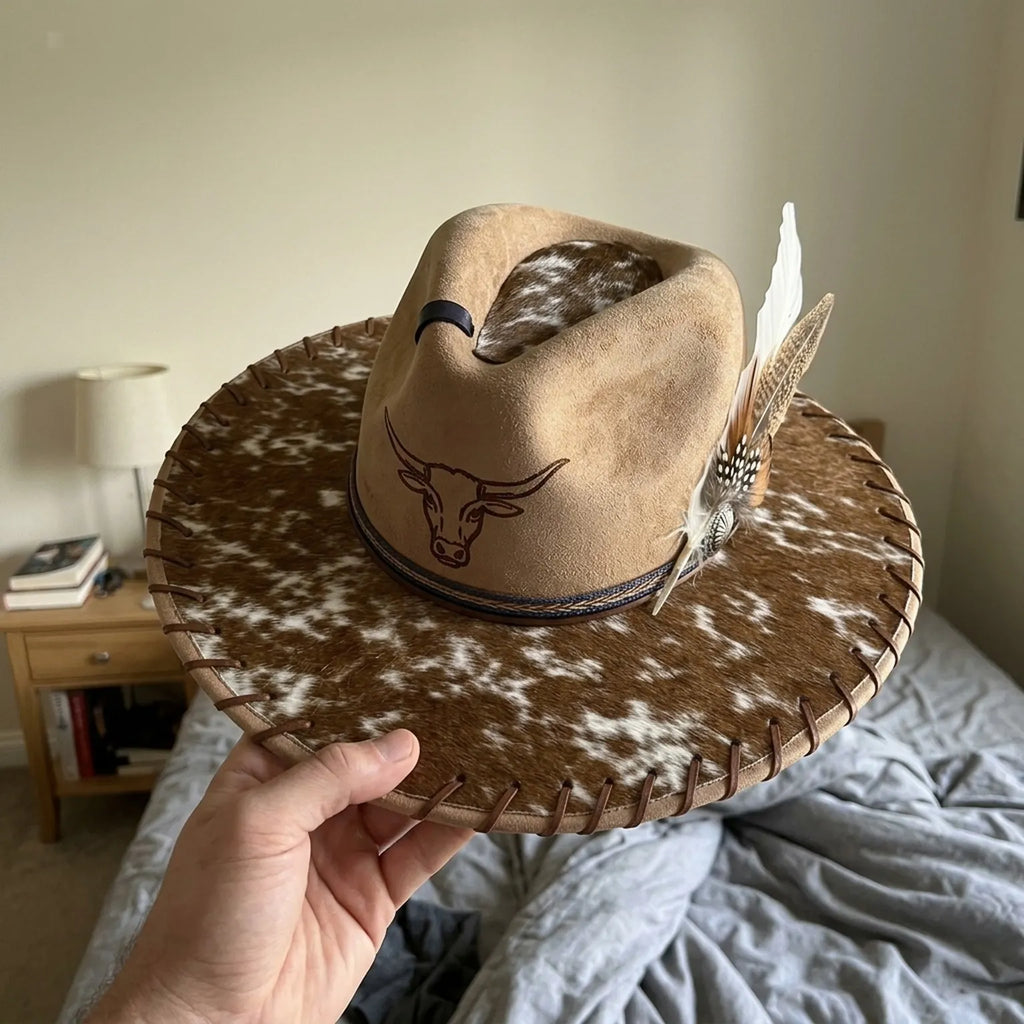 Tan Faux Suede Cowboy Hat with Cow Print Brim and Feather Trim