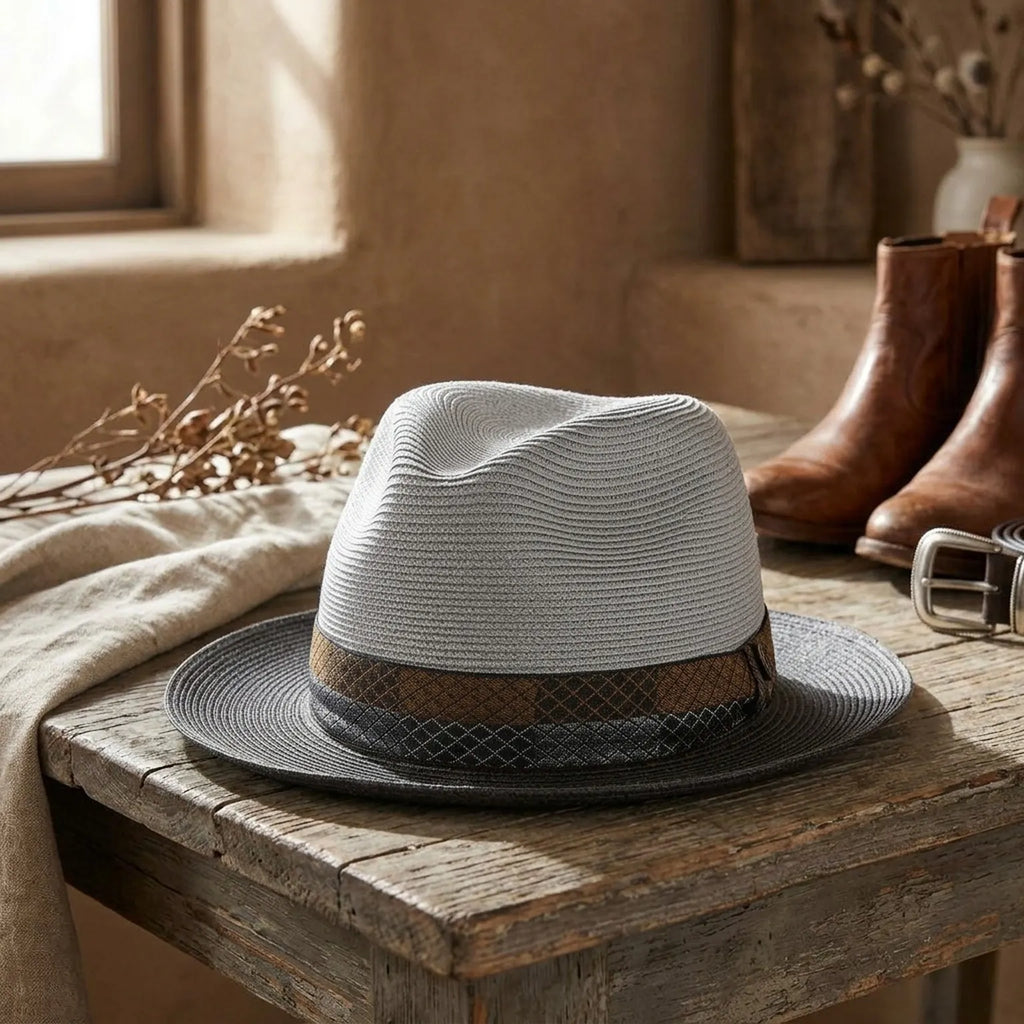 Two-Tone Straw Fedora Hat with Patterned Band and Brim