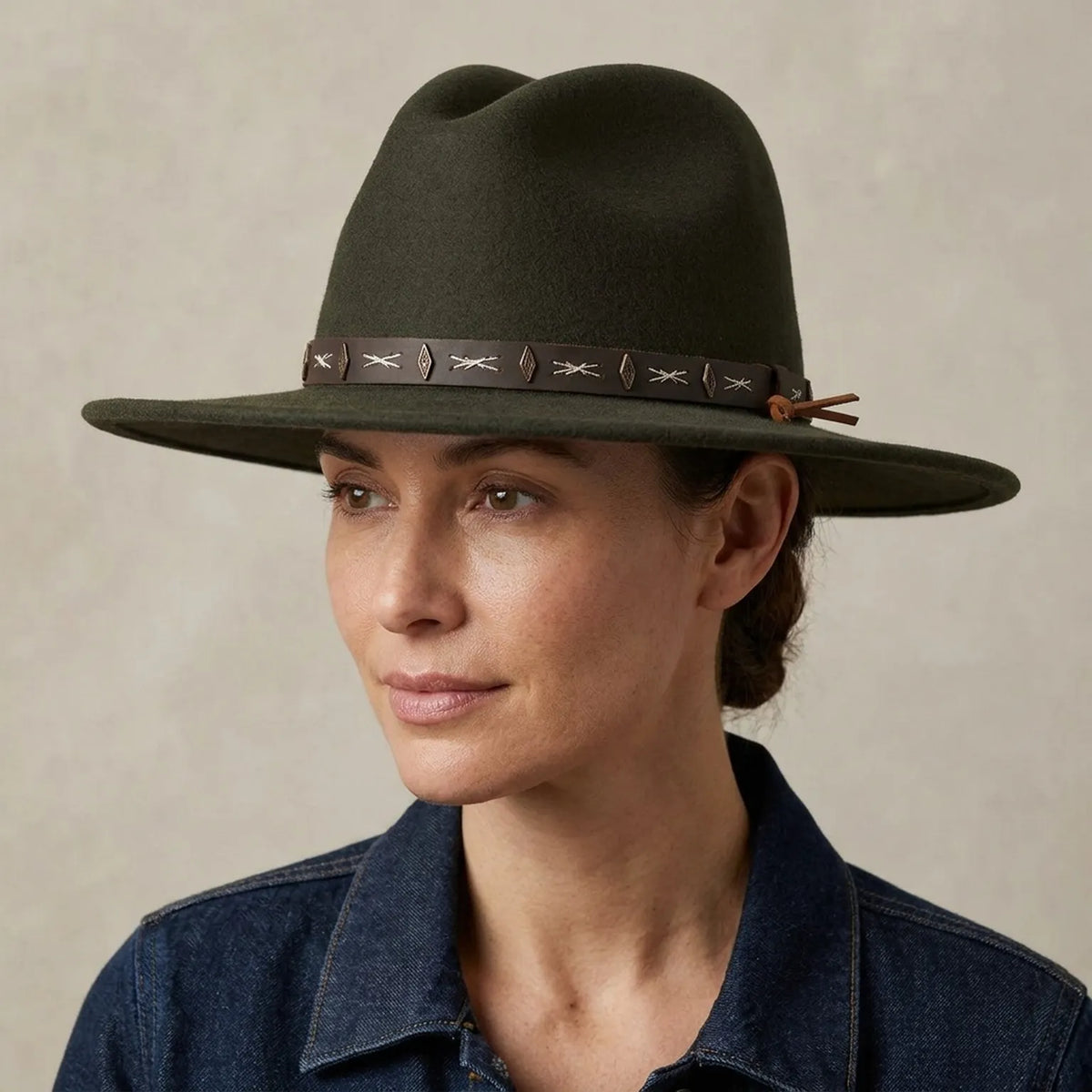 Dark Olive Boho Felt Hat with Cross-Stitched Leather Band