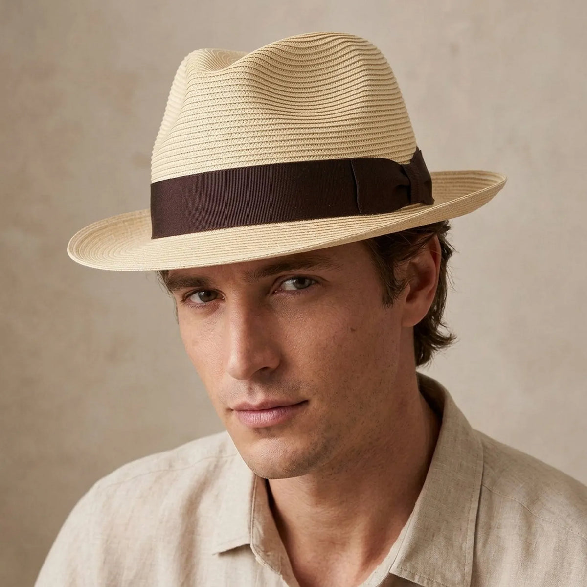 Unisex Classic Straw Panama Hat with Brown Ribbon Band for Sun