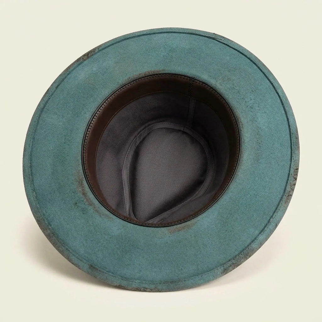 Teal Distressed Felt Fedora with Burlap Wrap and Barbed Wire