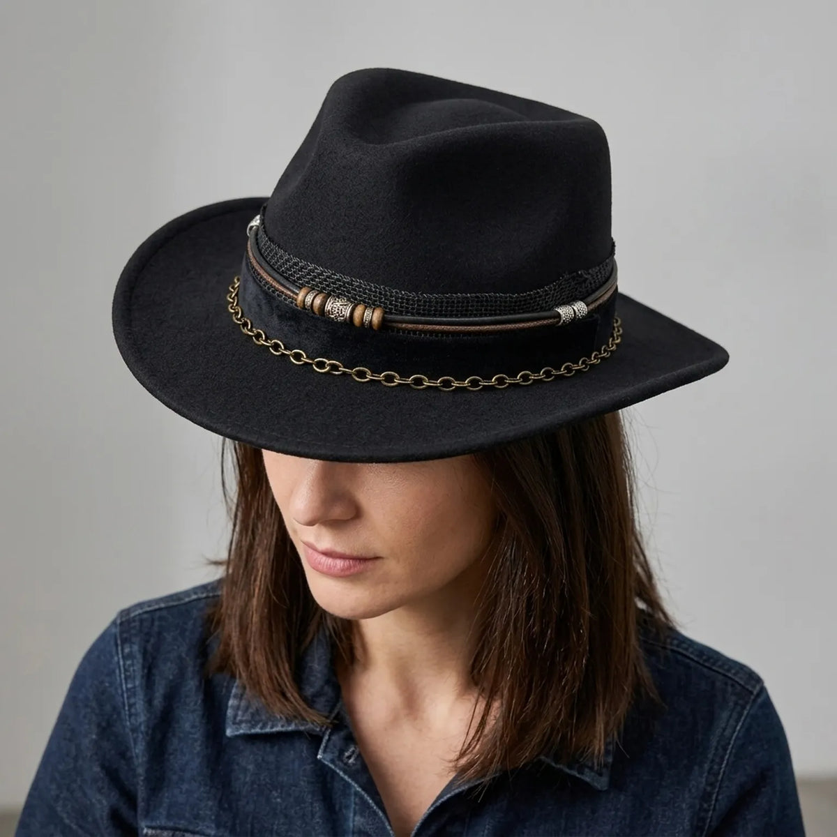 Black Wool Felt Western Fedora with Beaded Chain Band
