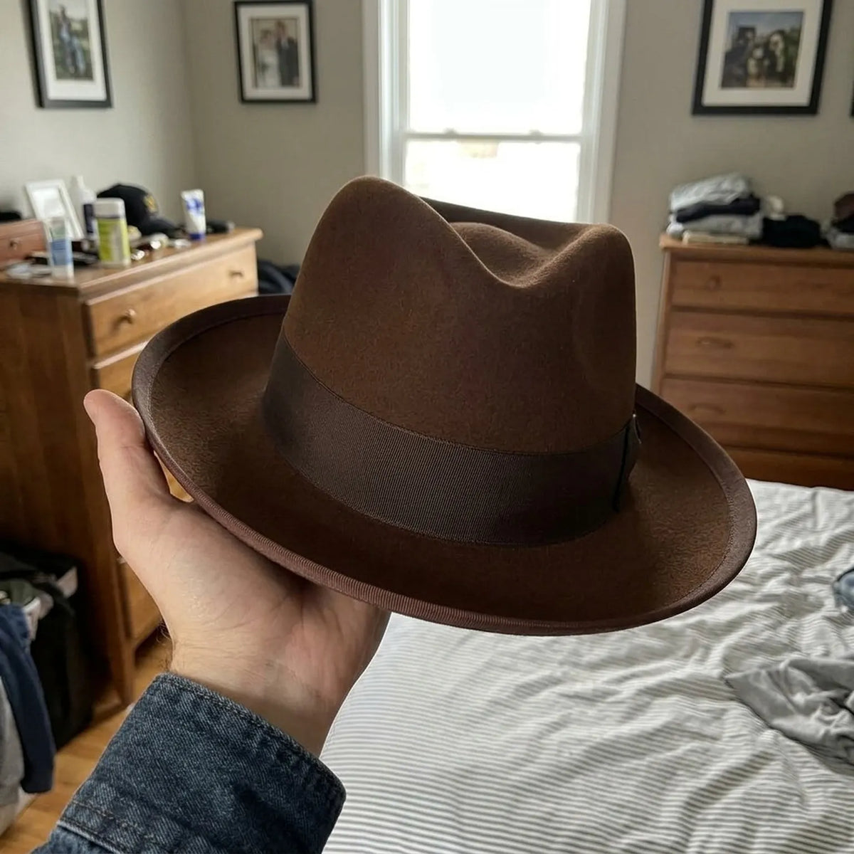Chocolate Brown Wool Felt Fedora with Dark Ribbon Bow