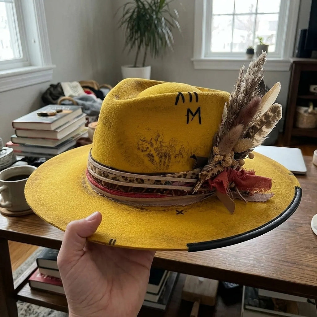 Distressed Yellow Felt Western Hat Roman Numeral Marking