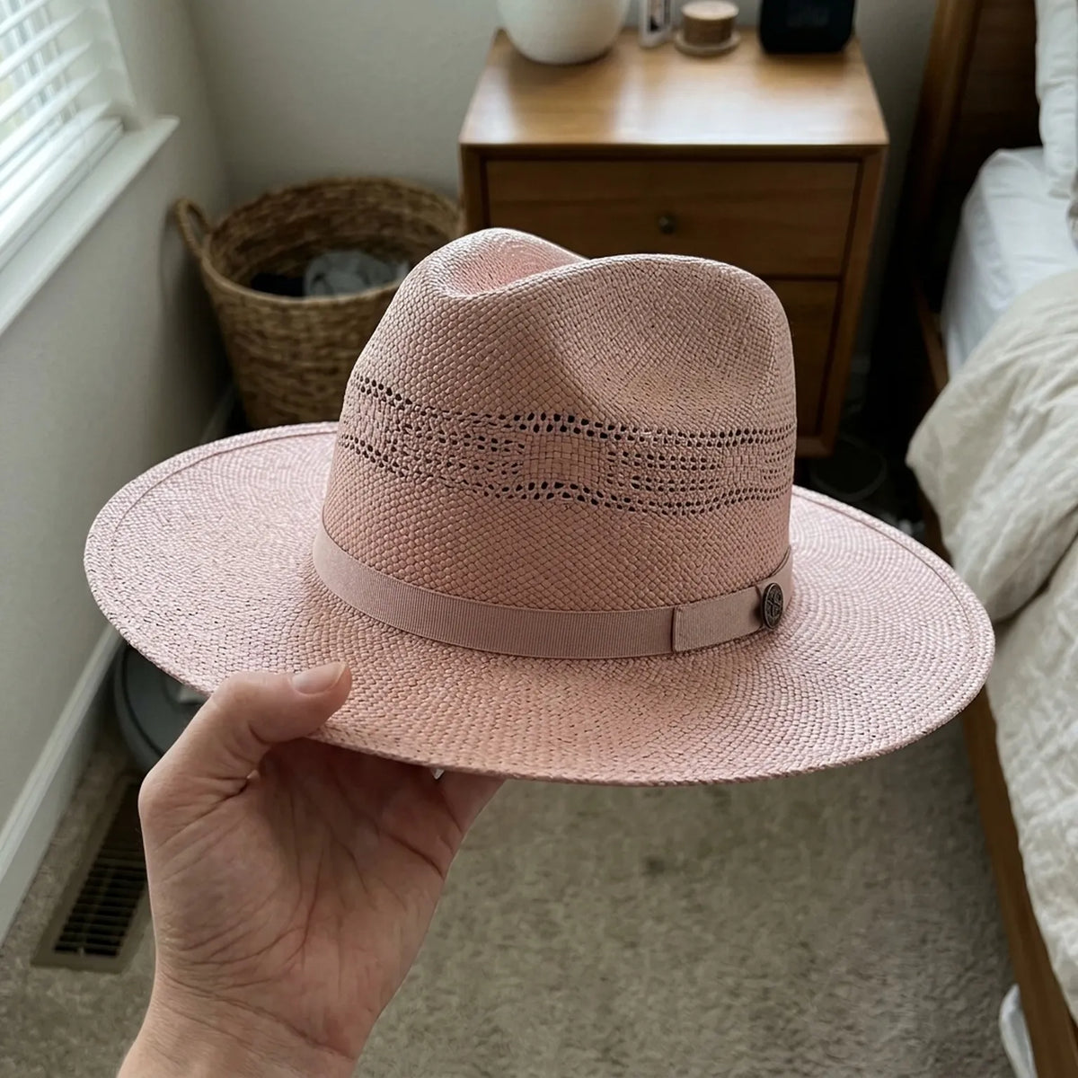 White Vented Straw Cowboy Hat with Black Ribbon Band