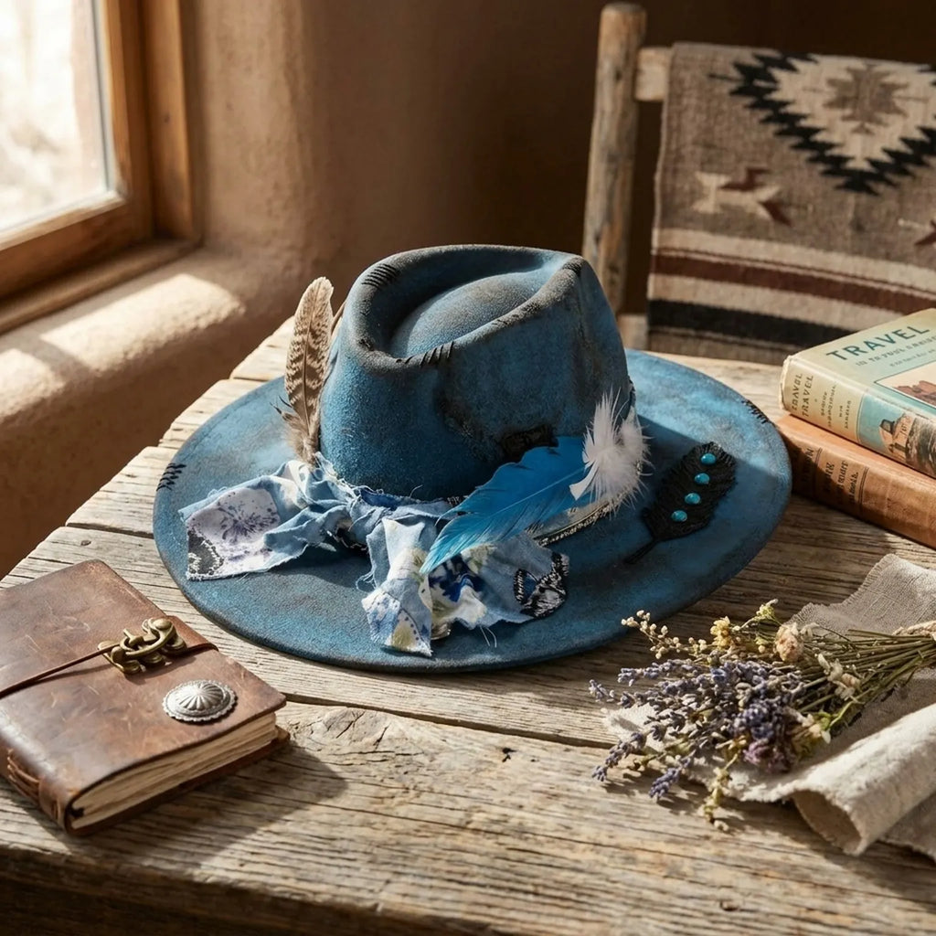 Antique Blue Fedora with Floral Scarf Bow and Feather Spray