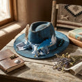 Antique Blue Fedora with Floral Scarf Bow and Feather Spray