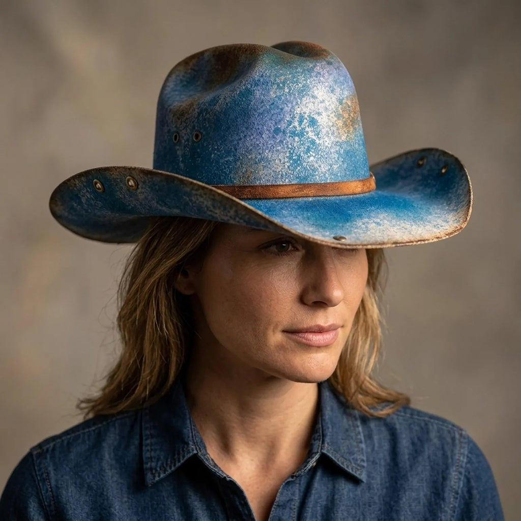 Distressed Sky Blue Cowboy Hat with Leather Band and Concho