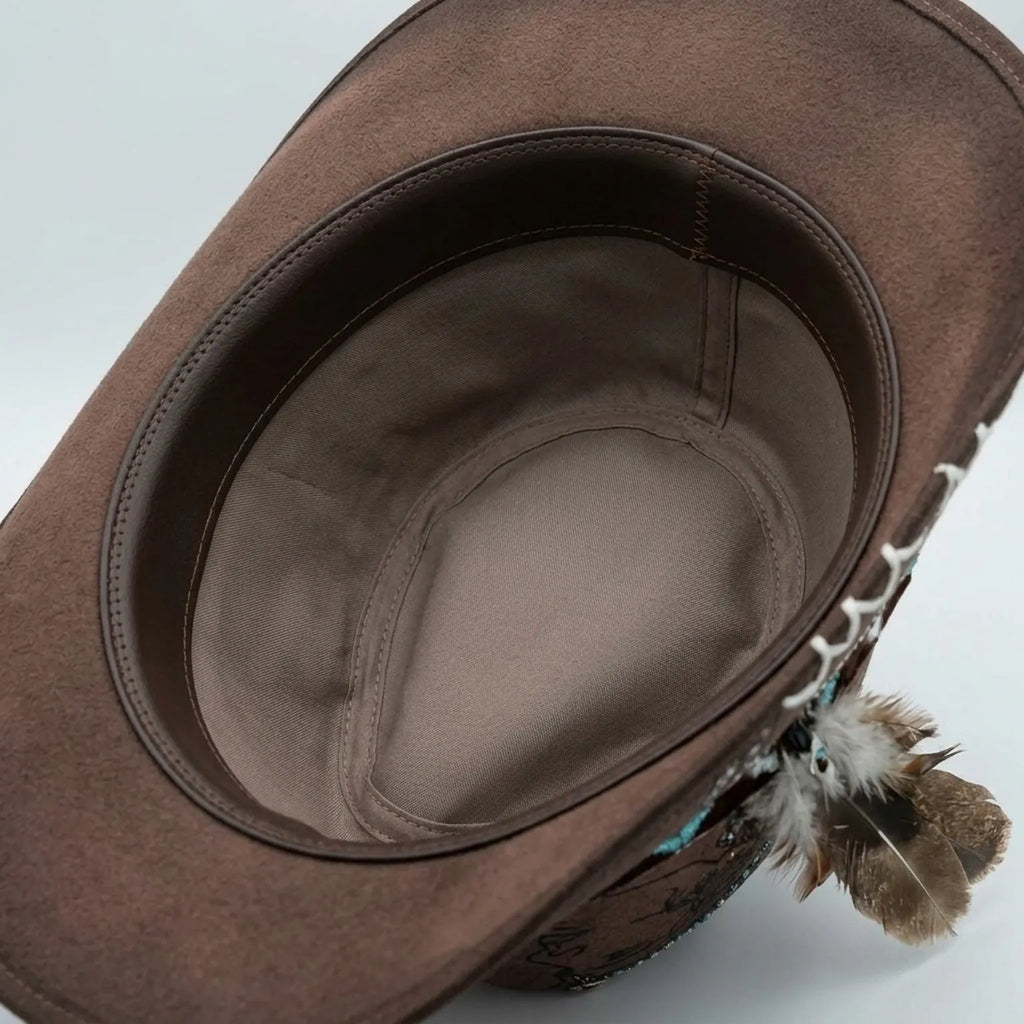 Brown Cowboy Hat with Portrait Etching and Beaded Feather Band