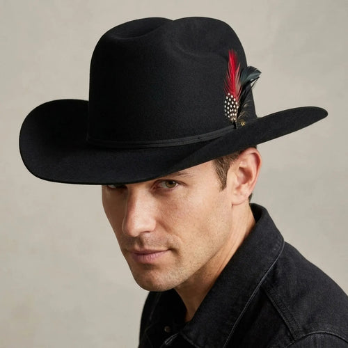 Black Wool Felt Cowboy Hat with Feather Detail