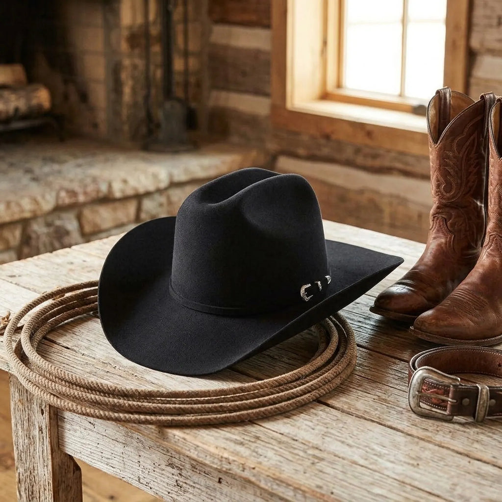 Black Felt Cowboy Hat with Curled Brim and Grosgrain Ribbon