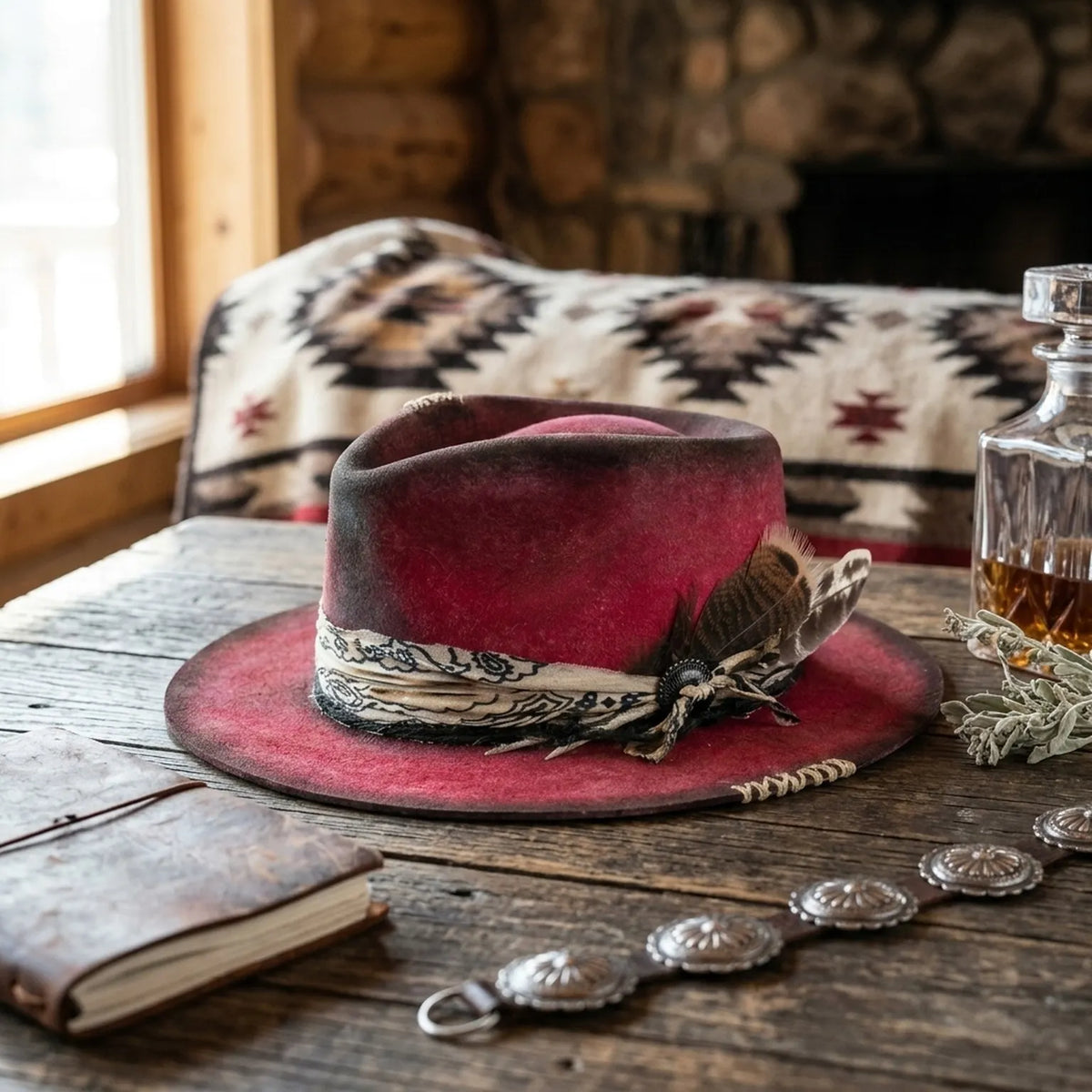Crimson Felt Western Hat with Bandana Band and Feathers