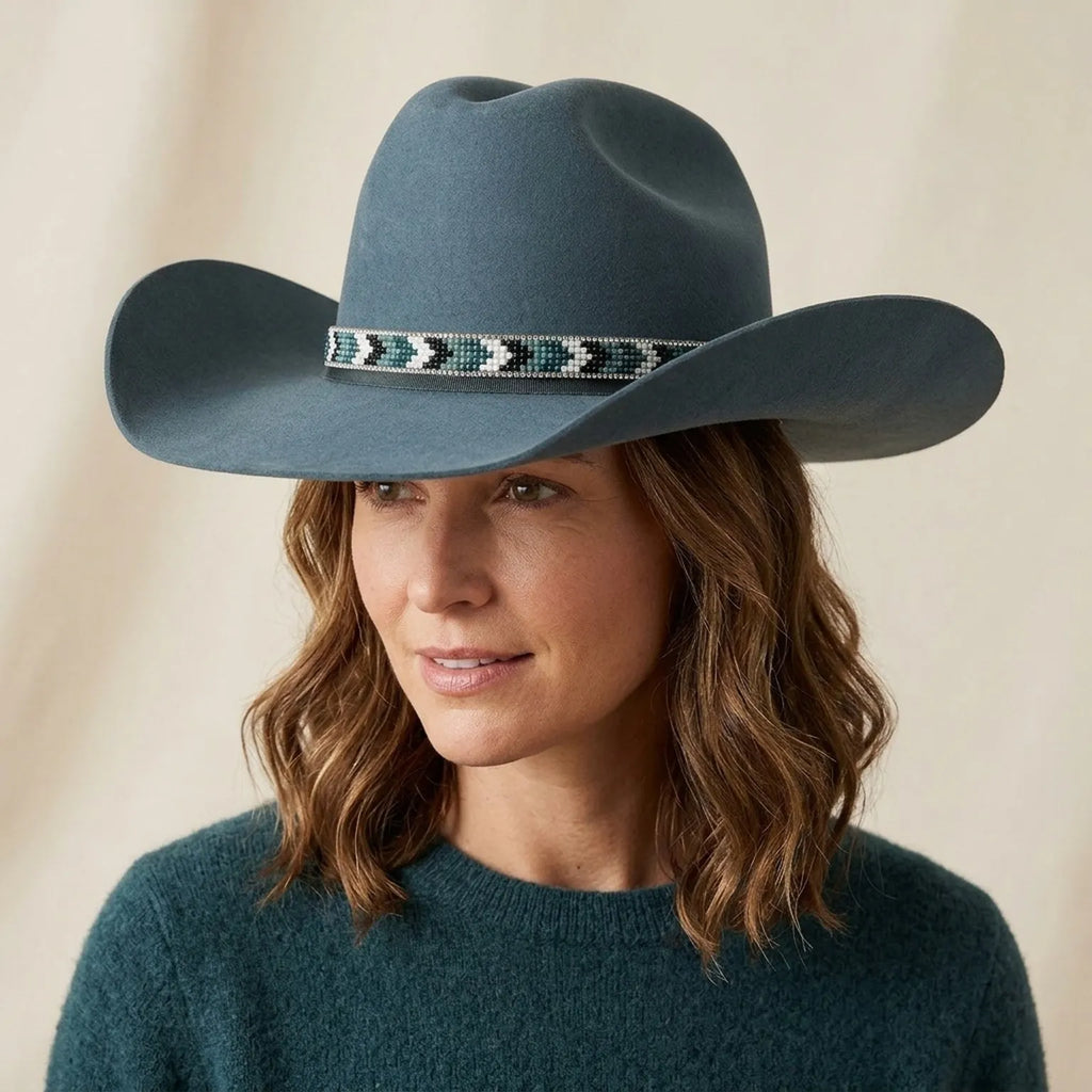 Teal Wool Felt Western Hat with Beaded Band and Rhinestone Trim