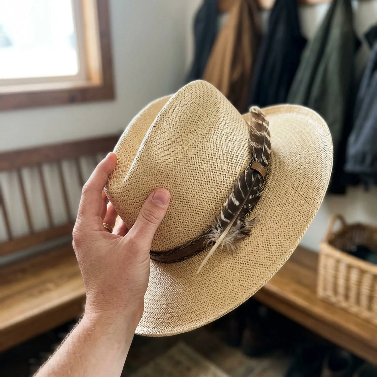 Handwoven Panama Hat With Feather and Leather Band