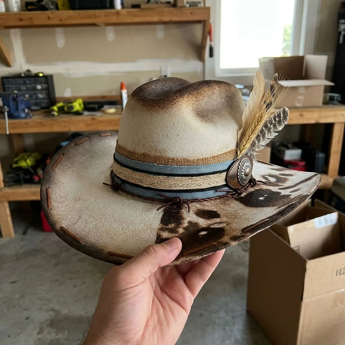Cream Cow-Print Western Hat with Wheat Stalk and Concho