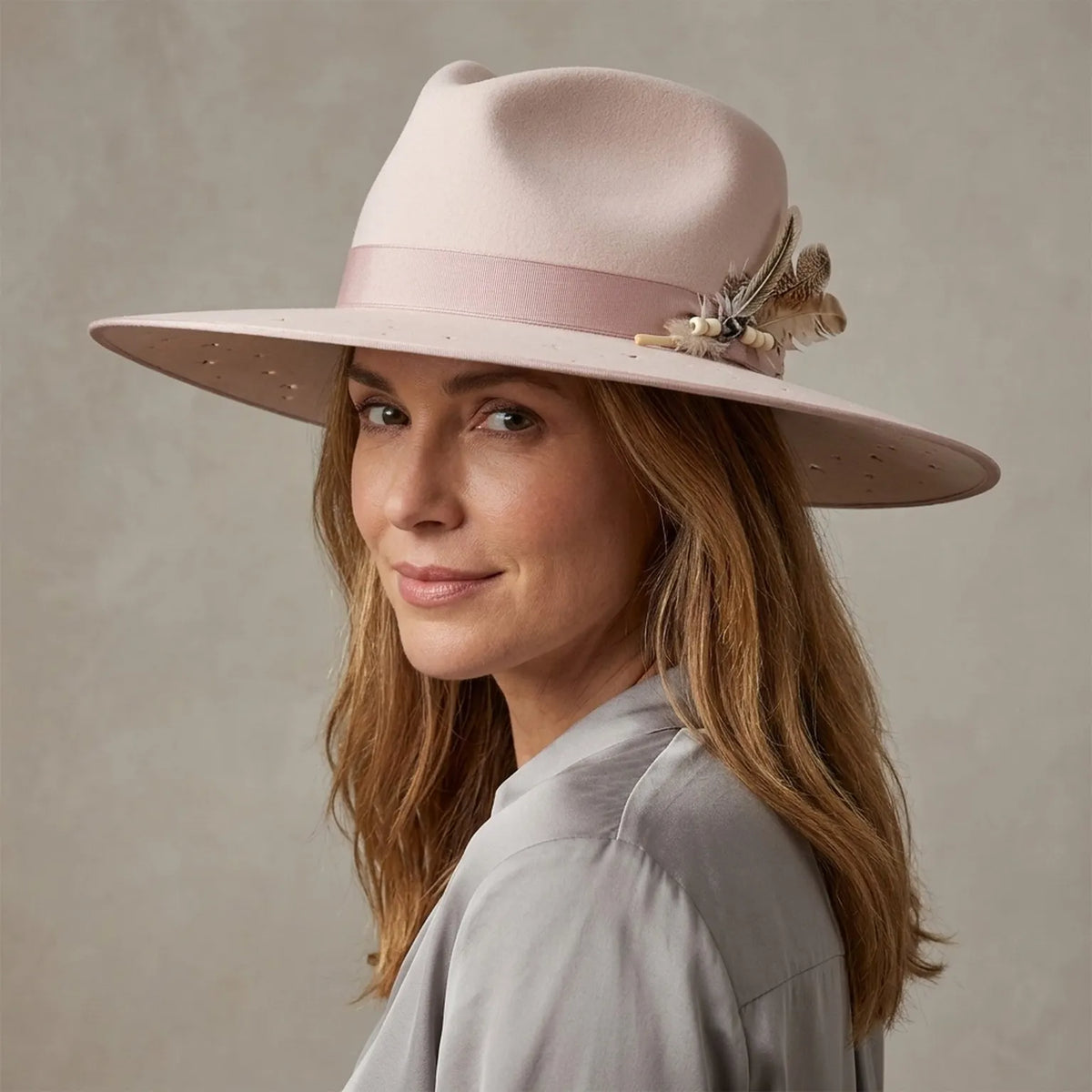 Blush Pink Wide Brim Felt Hat with Star Cutouts and Tassel