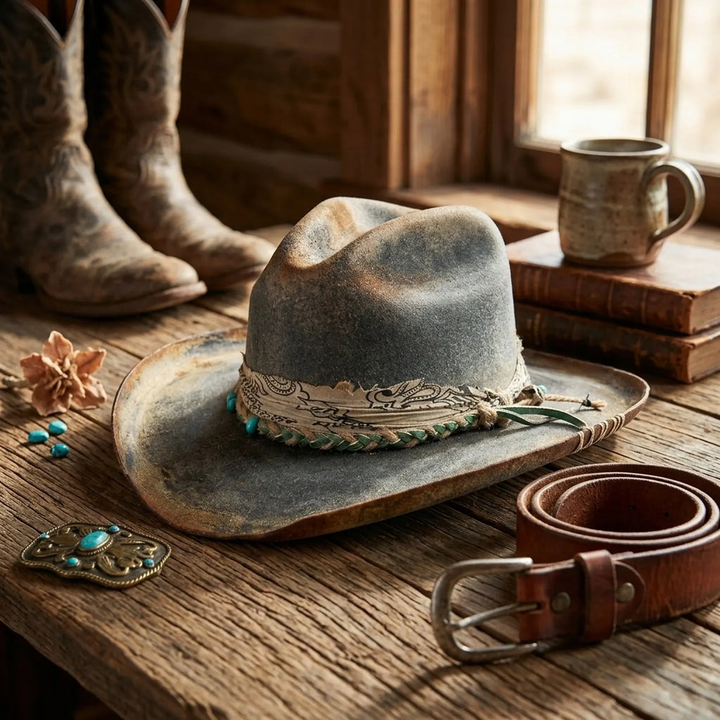 Vintage Distressed Western Hat with Paisley Beaded Band