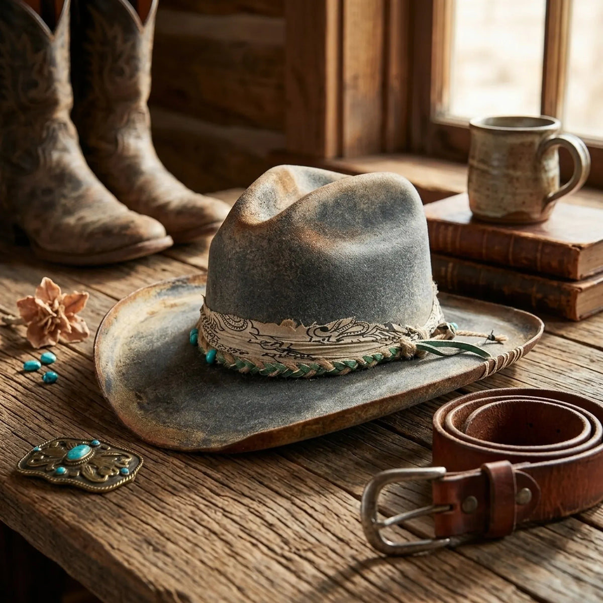Vintage Distressed Western Hat with Paisley Beaded Band