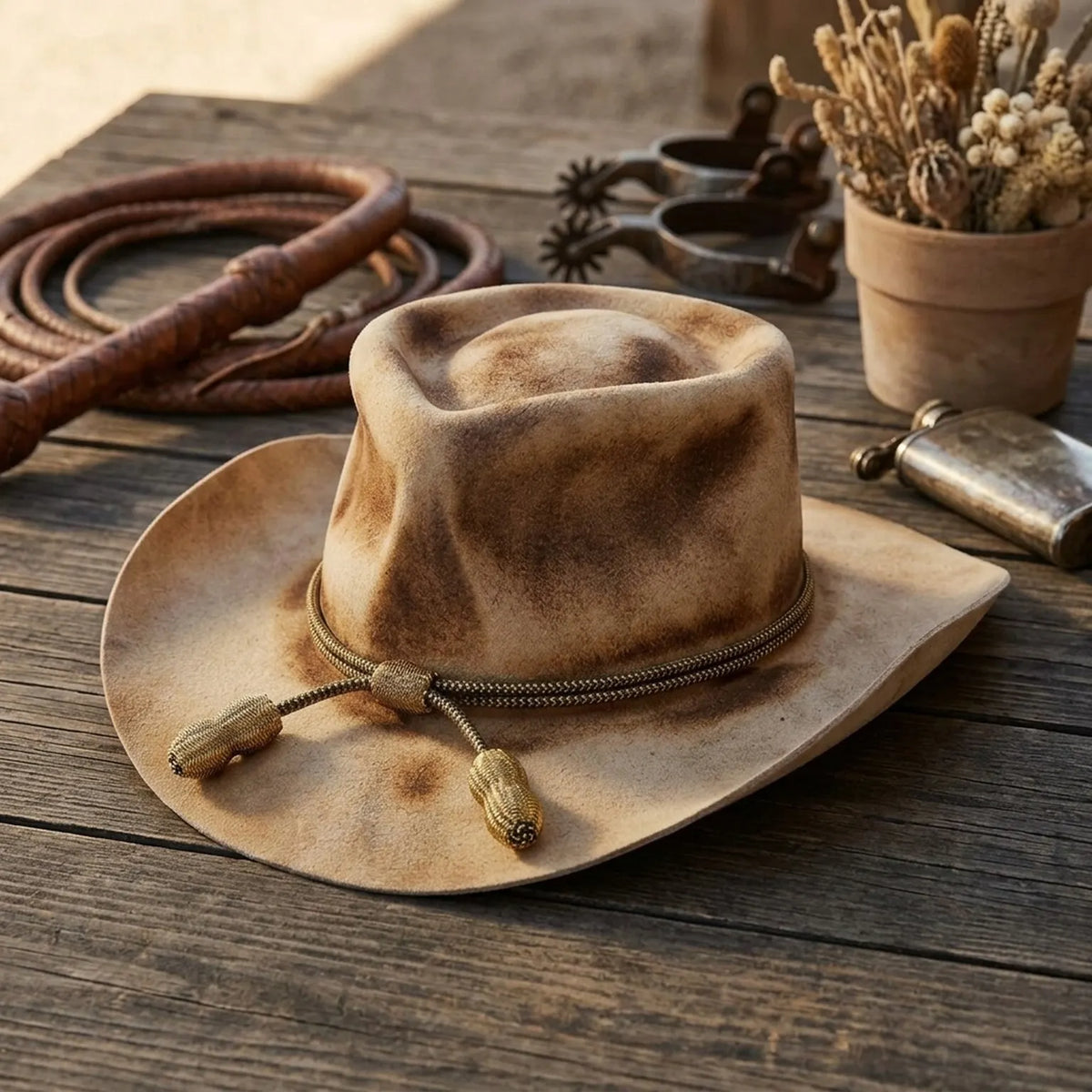 Distressed Tan Cowboy Hat with Braided Tassel Cord Band