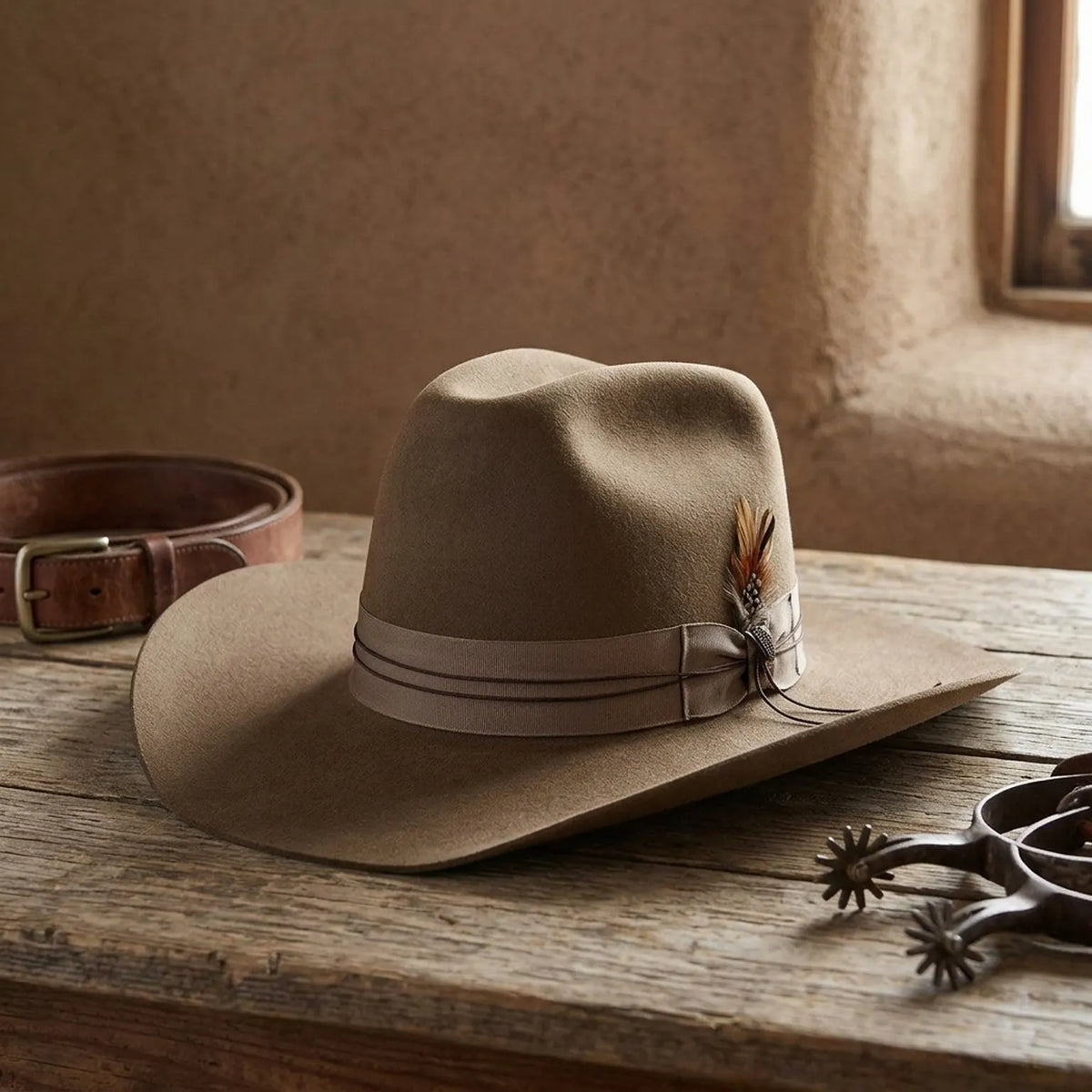 Unisex Taupe Wool Felt Cowboy Hat with Ribbon Band