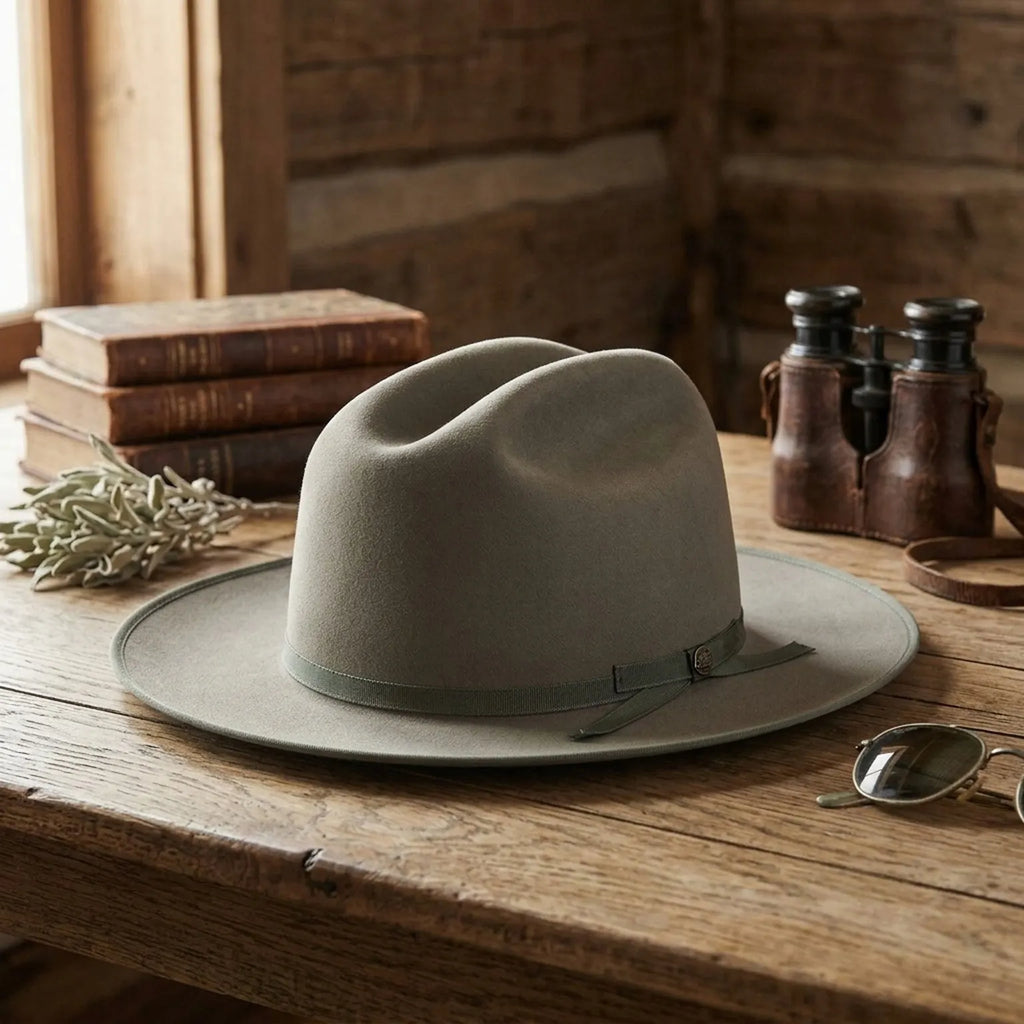Light Gray Wide Brim Felt Hat with Ribbon Buckle Detail