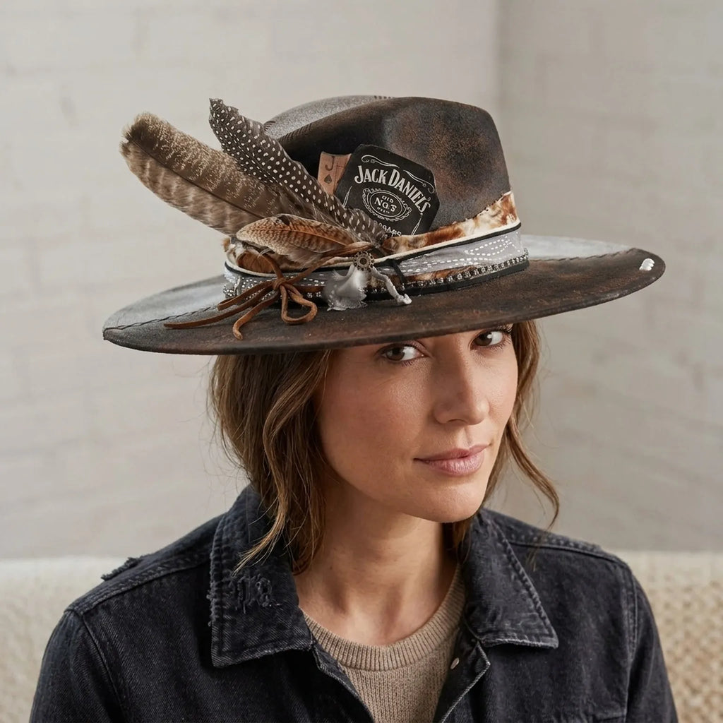 Dark Brown Fedora with Whiskey Patch, Feathers and Bullet Charm