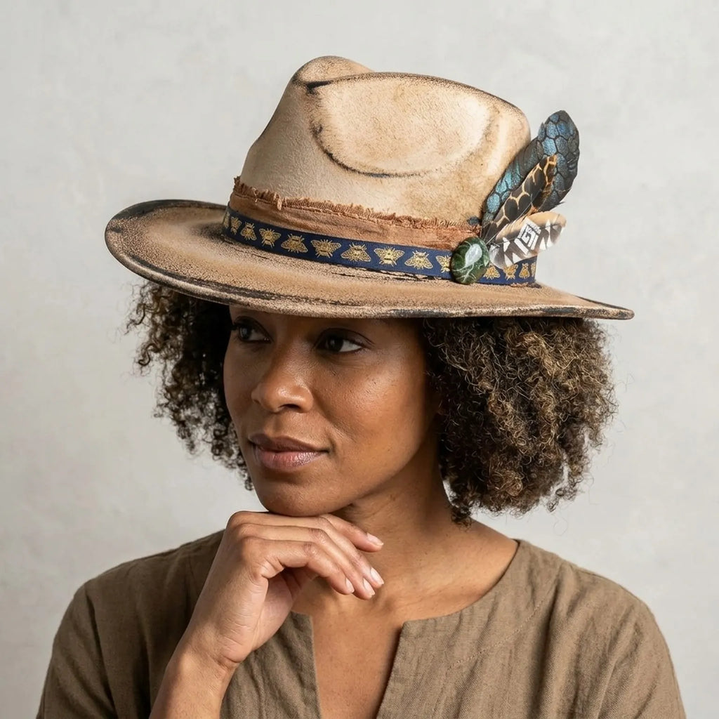 Beige Fedora with Bee Ribbon Band and Feather Accent