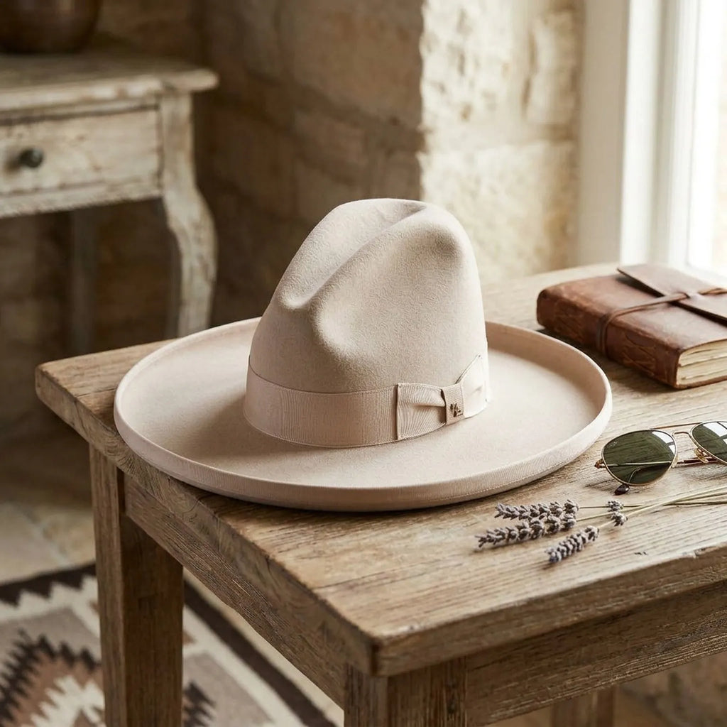 Cream Extra Wide-Brim Wool Felt Hat with Grosgrain Band