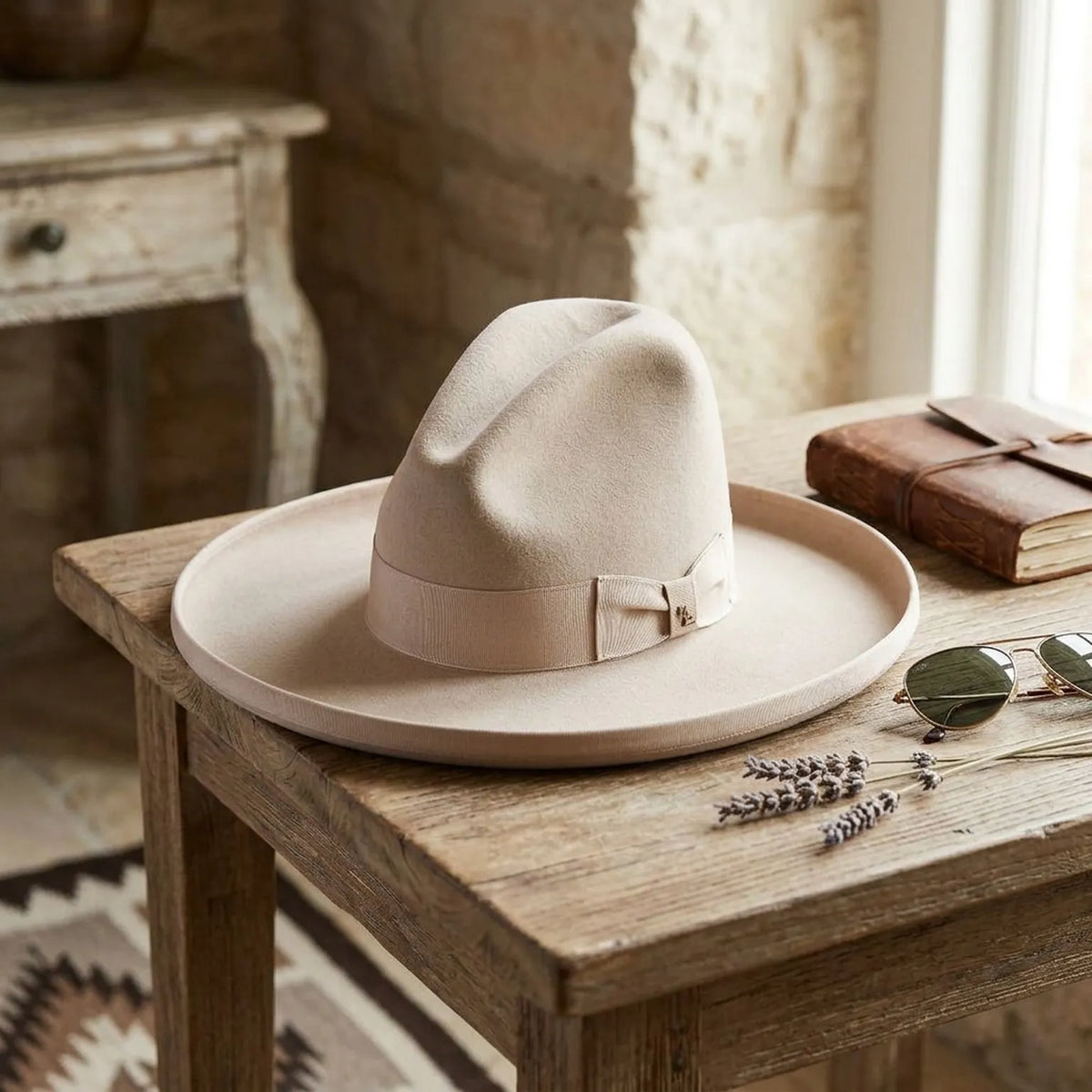Cream Extra Wide-Brim Wool Felt Hat with Grosgrain Band