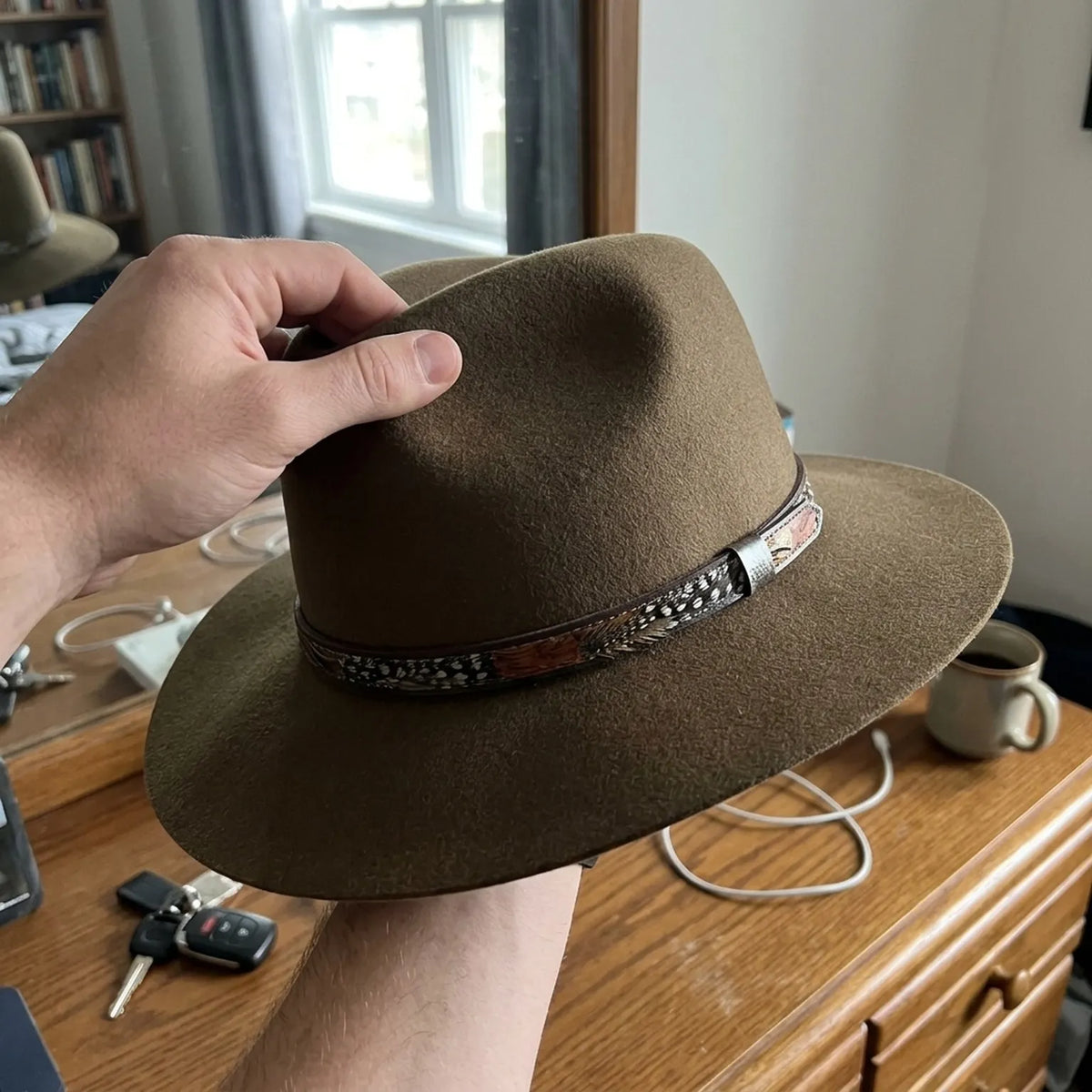 Olive Wool Felt Fedora with Textured Leather Band and Feather Trim